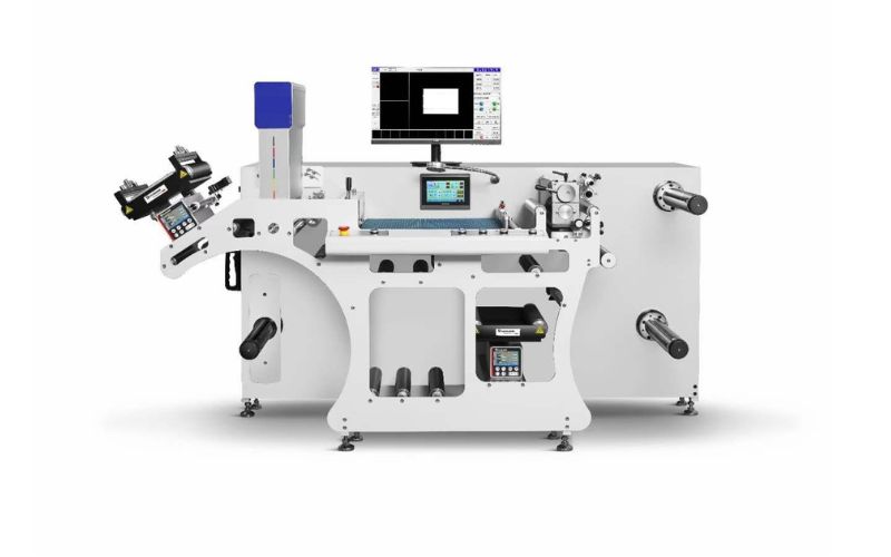 Máquina automática de inspección de calidad de etiquetas adhesivas con sistema de corte y rebobinado